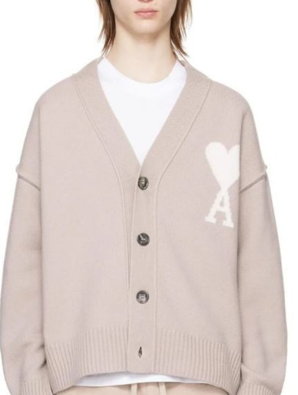 AMI Paris Beige Heart A Luxe Cotton Cardigan Sweater, L